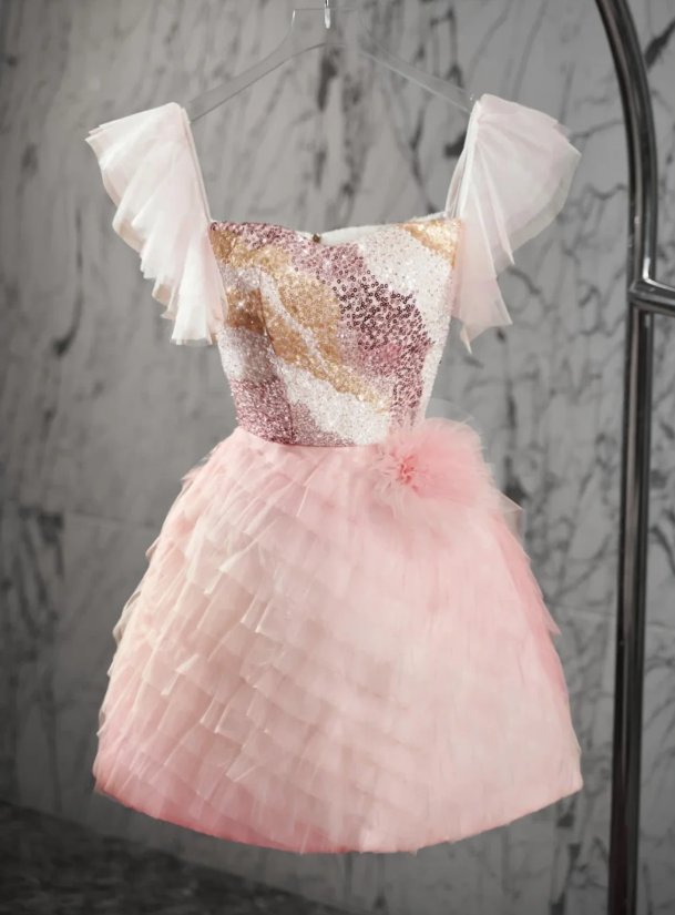 Cute Square Neck Pink Tulle Sequin homecoming Dress Mini Birthday Outfits