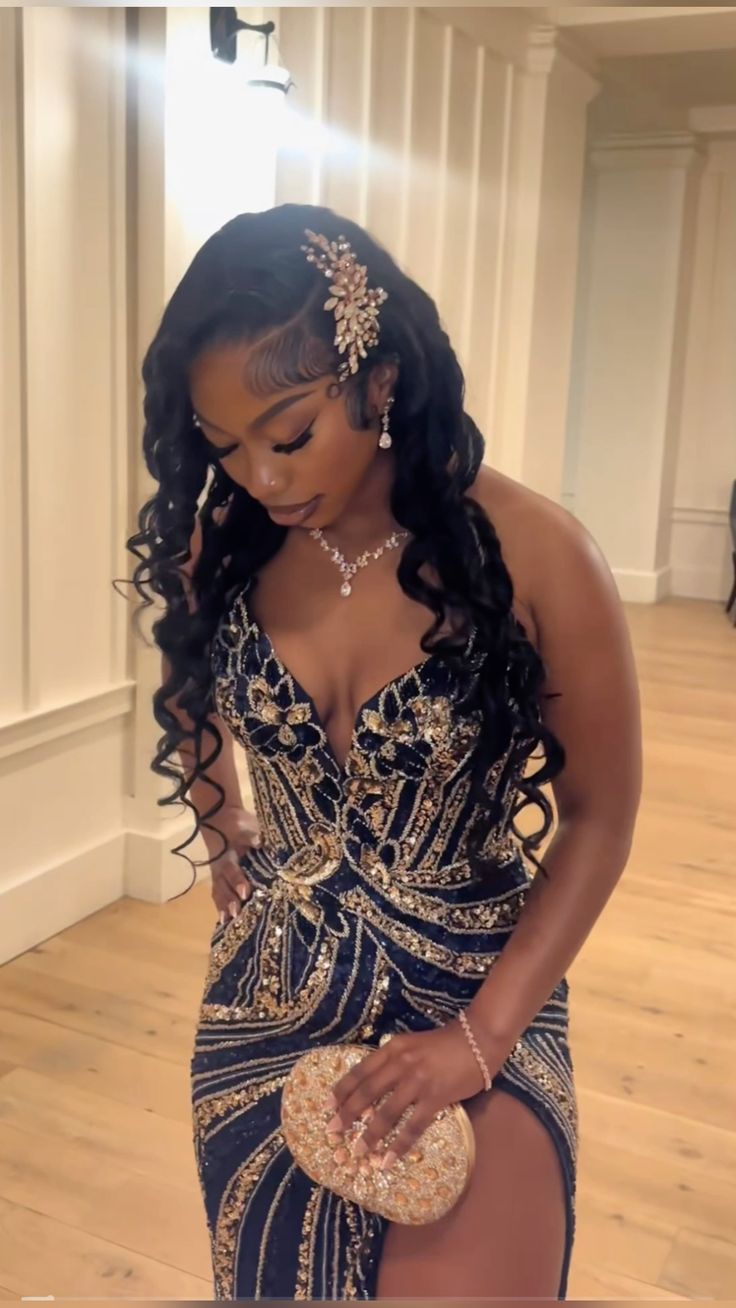 Vintage Navy Blue And Gold High Slit Deep V Neck Sequined Long Prom Dress Evening Dress
