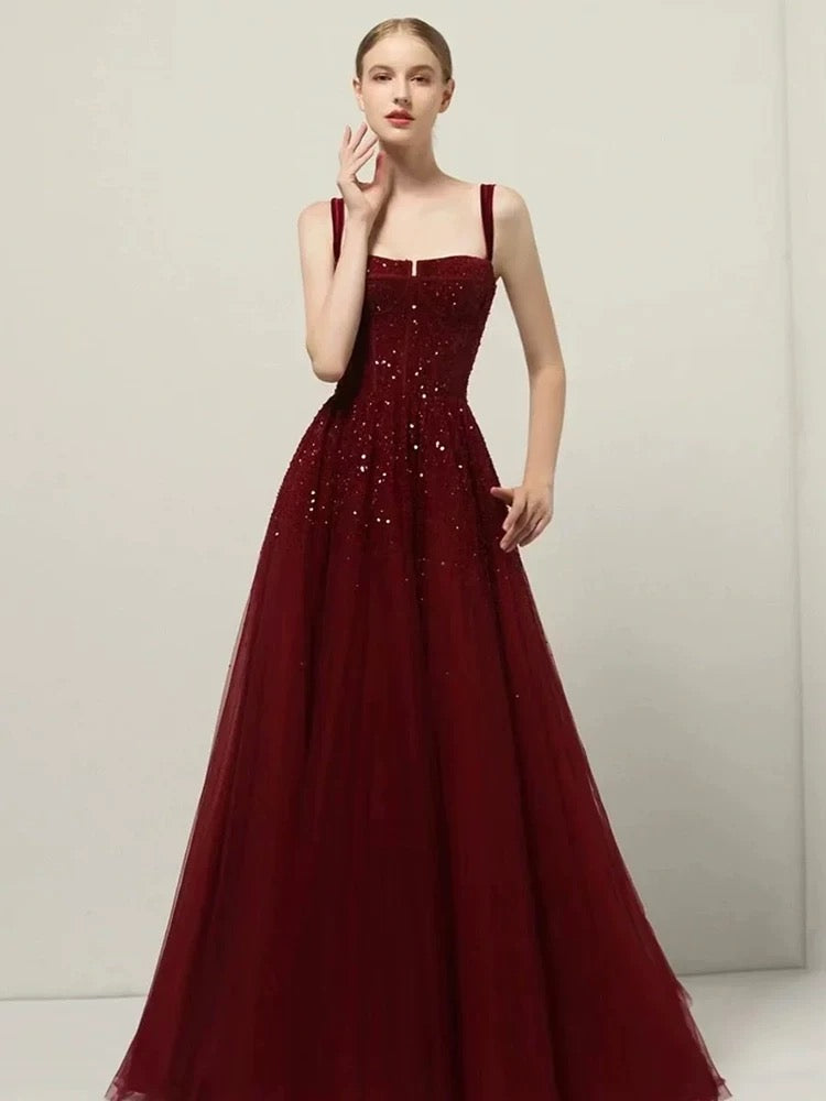 Retro A line Straps Sequin Burgundy Long Party Dress Prom Dresses
