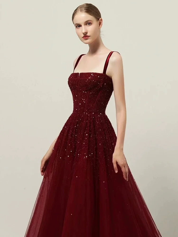 Retro A line Straps Sequin Burgundy Long Party Dress Prom Dresses