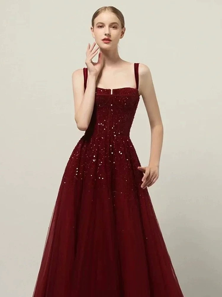 Retro A line Straps Sequin Burgundy Long Party Dress Prom Dresses