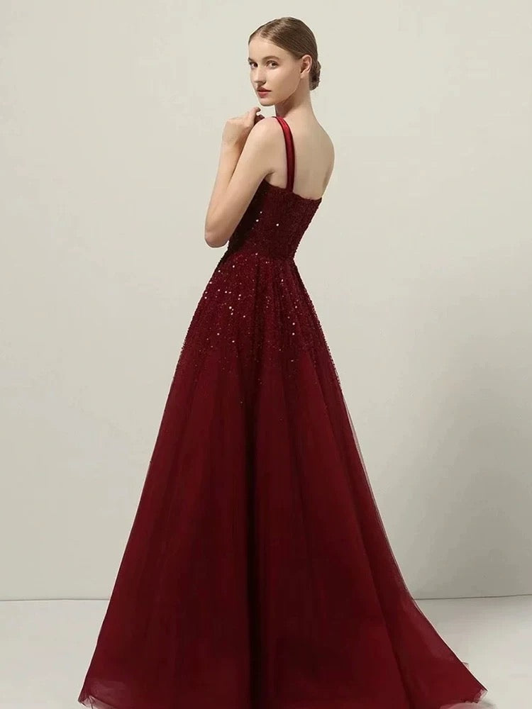 Retro A line Straps Sequin Burgundy Long Party Dress Prom Dresses