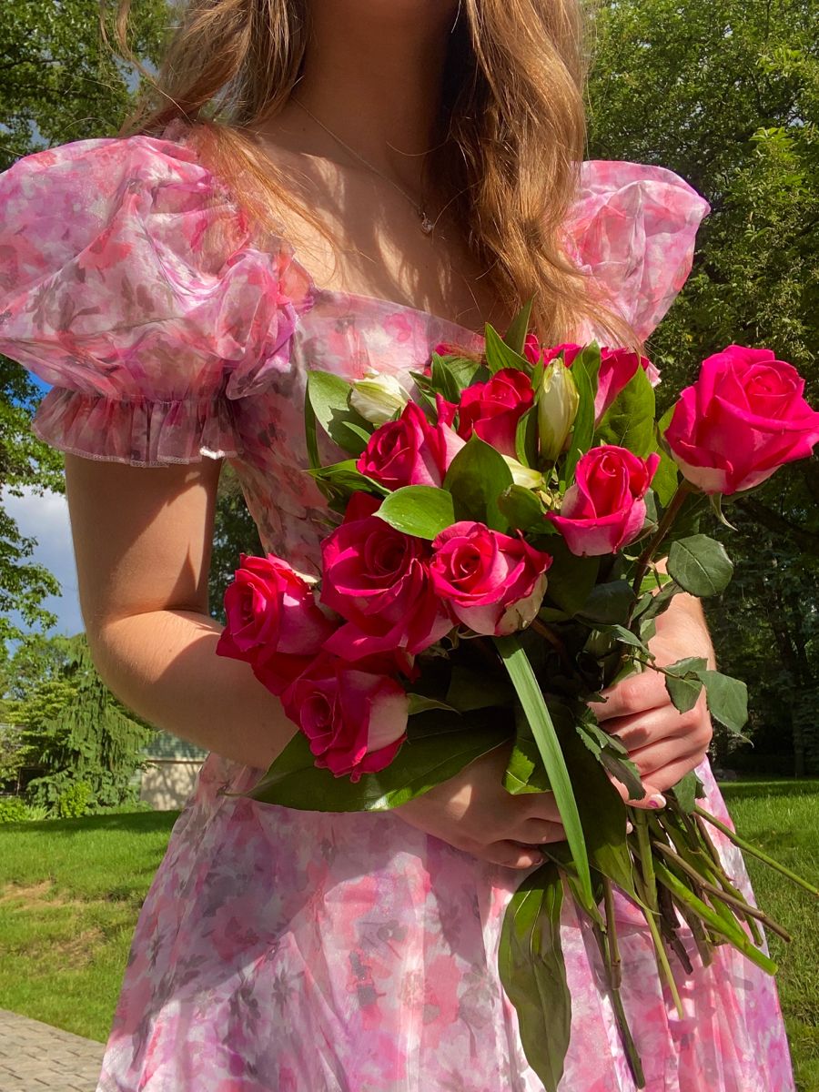 Sweet Pink Printed Puff Sleeve Waist Tulle Birthday Party Homecoming Dress
