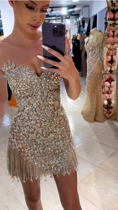 Gorgeous Silver Rhinestone Bandeau V-Neck Tassel Slim Birthday Homecoming Dress