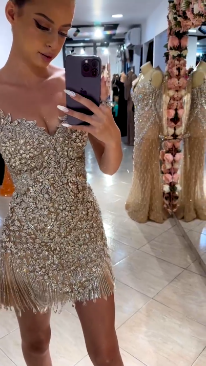 Gorgeous Silver Rhinestone Bandeau V-Neck Tassel Slim Birthday Homecoming Dress