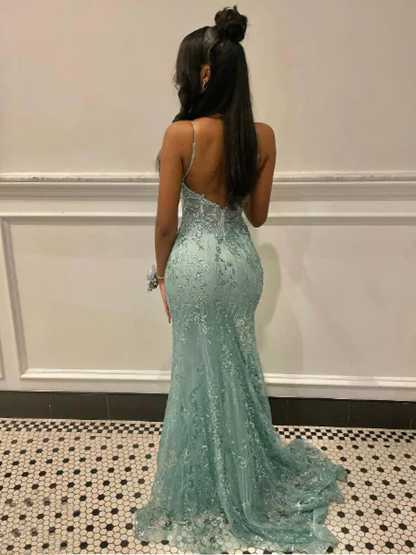 Elegant Mint Green Mermaid Deep V Backless Mesh Sequin Long Prom Dress Evening Dress