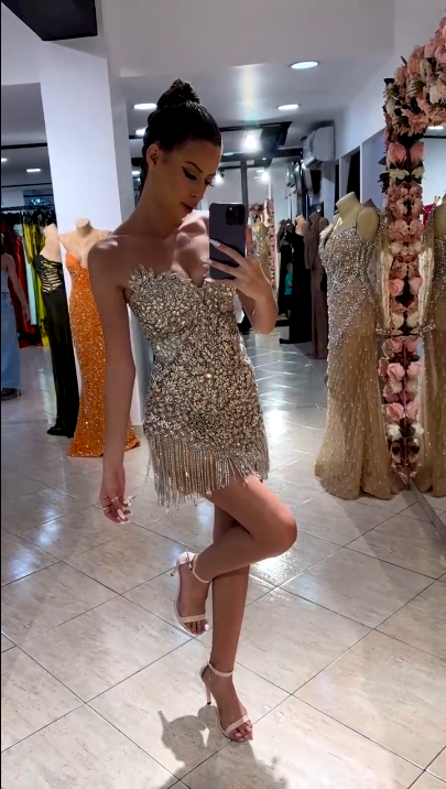 Gorgeous Silver Rhinestone Bandeau V-Neck Tassel Slim Birthday Homecoming Dress
