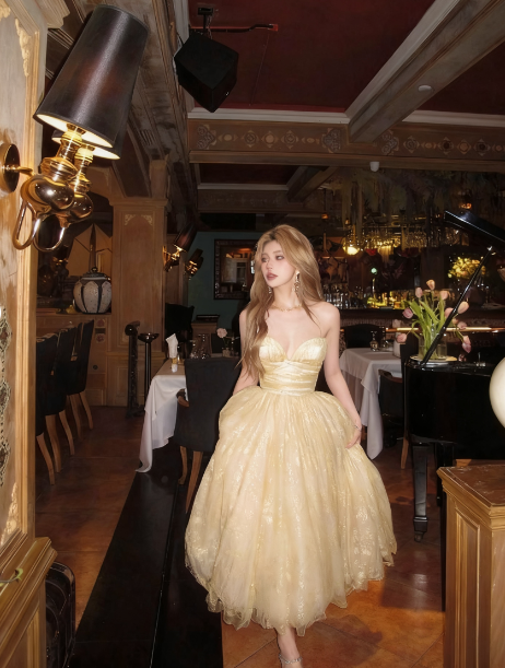 Princess Light Yellow A-line Tube Top Tulle Long Prom Dress Evening Dress 18th Birthday Dress
