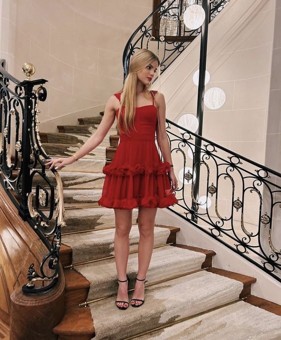Sweet Red Suspender Square Neck Ruffle Waist A-line Tulle 17th Birthday Homecoming Dress