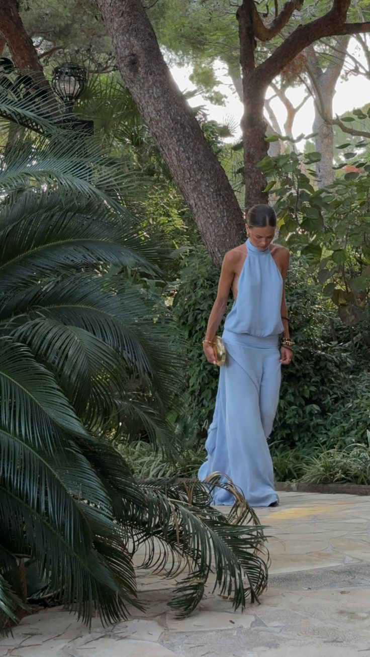 Elegant Blue Loose Halter Neck Tie Backless Chiffon Long Prom Dress Evening Dress