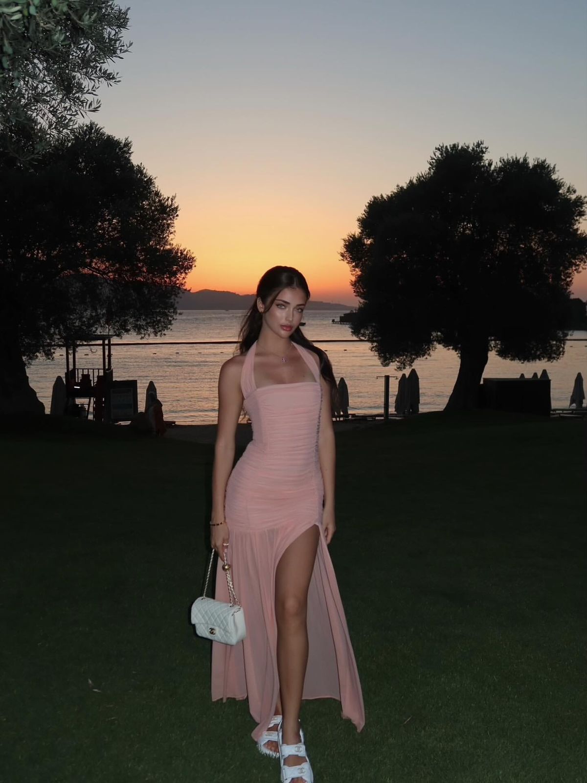 Elegant Pink Fitted Halter Neck High Slit Chiffon Long Prom Dress Evening Dress
