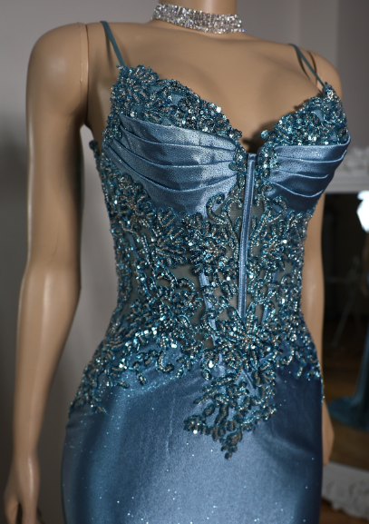Elegant Blue Mermaid Deep V Halter Beaded Satin Long Prom Dress Evening Dress