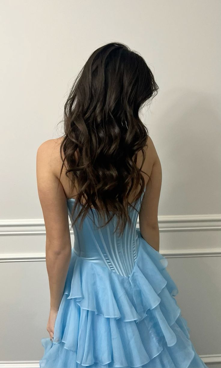 Princess Blue A-line Strapless Layered Chiffon Long Prom Dress Evening Dress