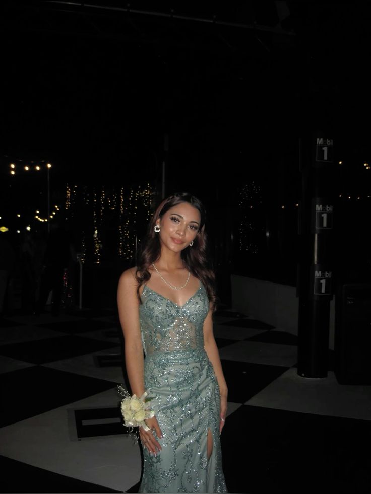 Elegant Light Teal Slim Fit Deep V Strap Sequined Long Prom Dress Evening Dress