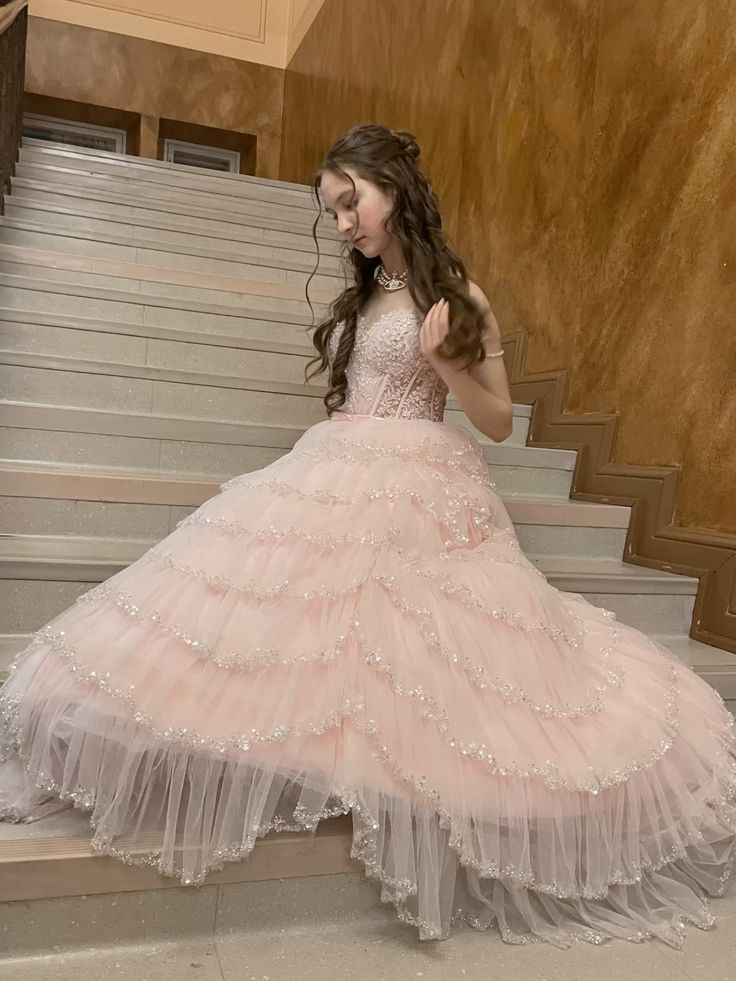 Dreamy Princess Pale Pink Strappy Layered Tulle Ball Gown Evening Dress Sweet 16th Birthday