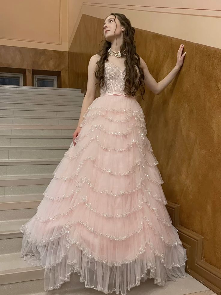 Dreamy Princess Pale Pink Strappy Layered Tulle Ball Gown Evening Dress Sweet 16th Birthday