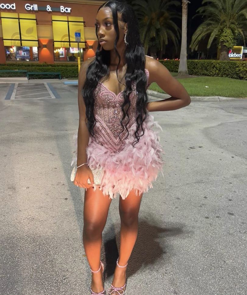 Gorgeous Pink Rhinestone Embroidered Feather Skirt 16th Birthday Homecoming Dress