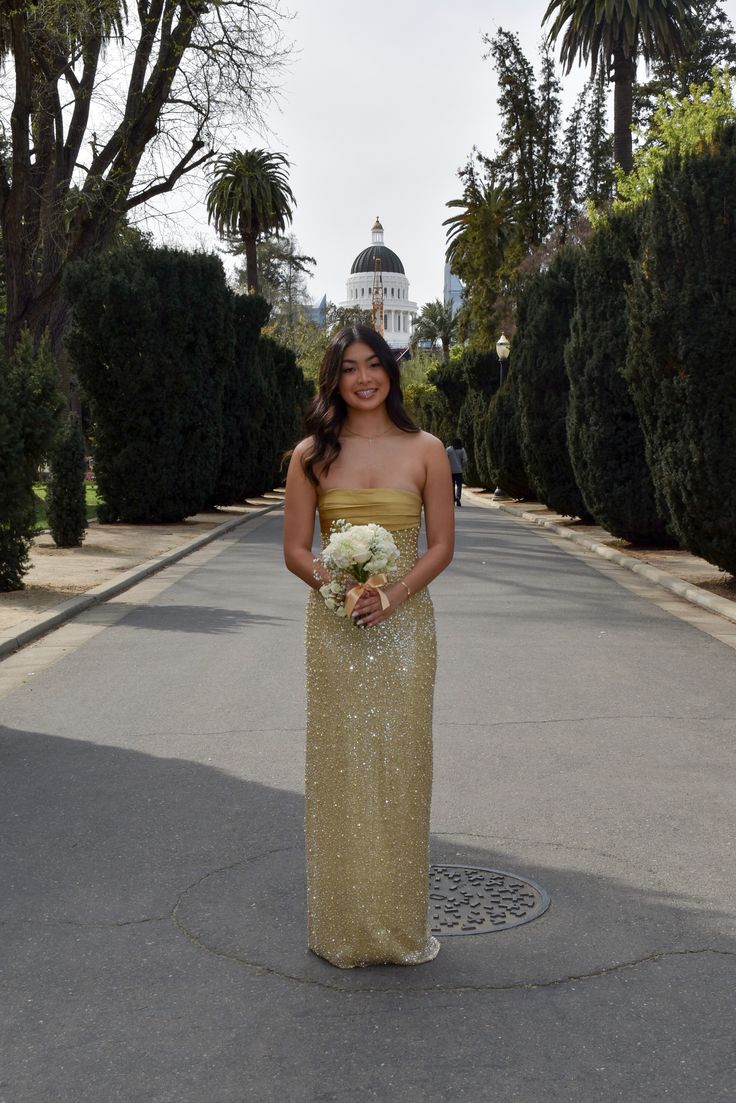 Elegant Gold Strapless Pearl Sequined Long Prom Dress Evening Dress