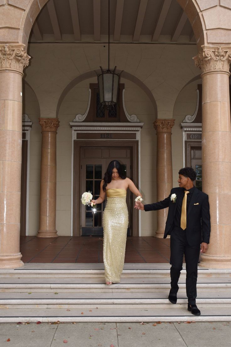 Elegant Gold Strapless Pearl Sequined Long Prom Dress Evening Dress