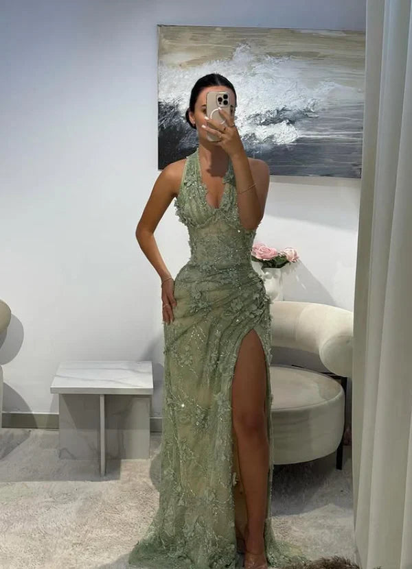 Gorgeous Green Mermaid 3D Floral Halter Neck Deep V-neck Mesh Slit Long Prom Dress Evening Dress