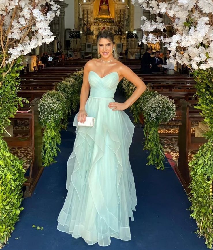 Elegant Light Green A-line Sweetheart Neckline Tiered Ruffled Tulle Long Prom Dress Evening Dress