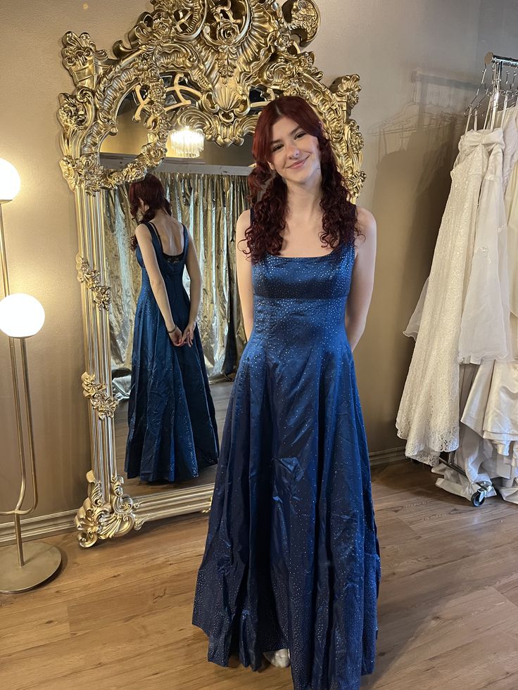 Elegant Retro Navy Blue A-line Square Neck Sequined Satin Long Prom Dress Evening Dress