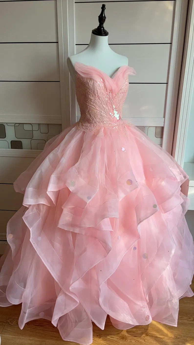 Dreamy Princess Pink Strapless Sequined Beaded Layered Tulle Ball Gown Evening Dress