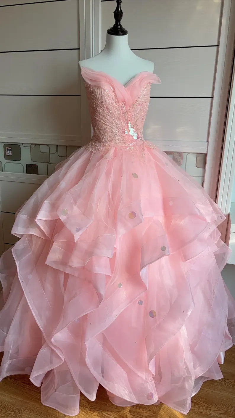 Dreamy Princess Pink Strapless Sequined Beaded Layered Tulle Ball Gown Evening Dress