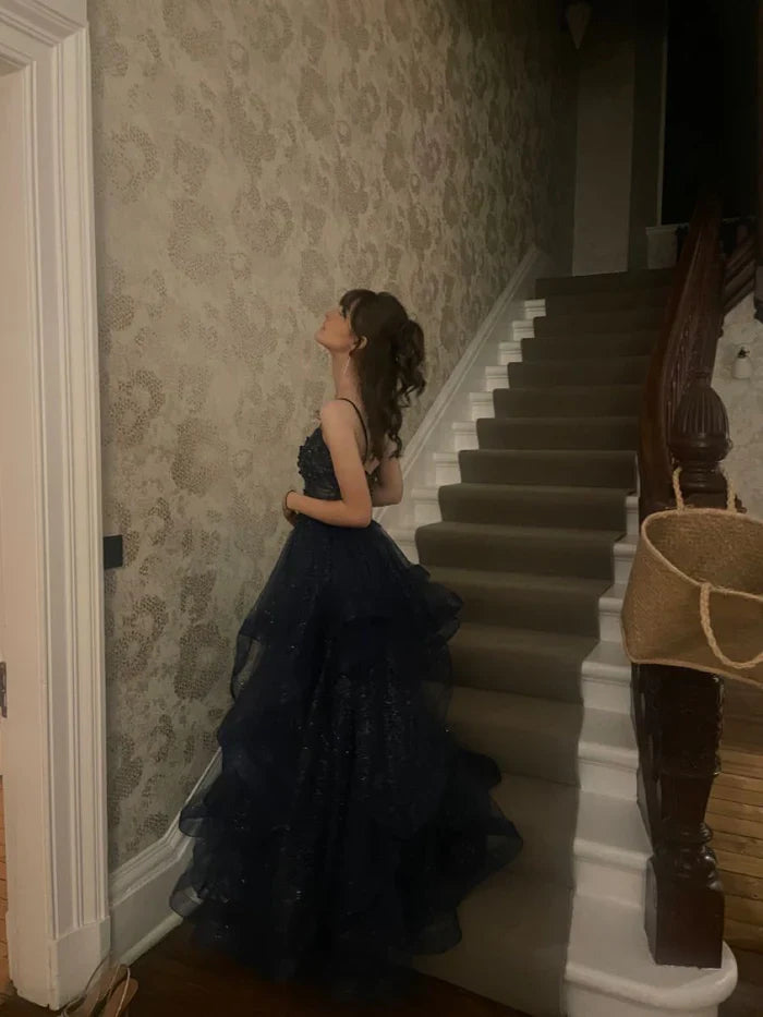 Dreamy Princess Navy Blue A-line V-neck Spaghetti Strap Layered Tulle Long Prom Dress Evening Dress Bridesmaid Dress