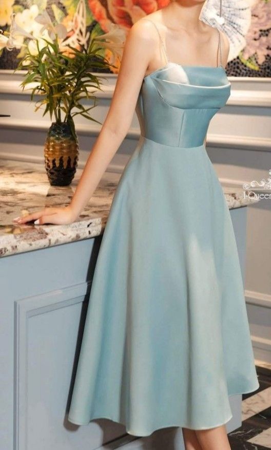 Sexy A Line Spaghetti Straps Light Sky Blue Satin Evening Dress Prom Dresses Birthday Outfits