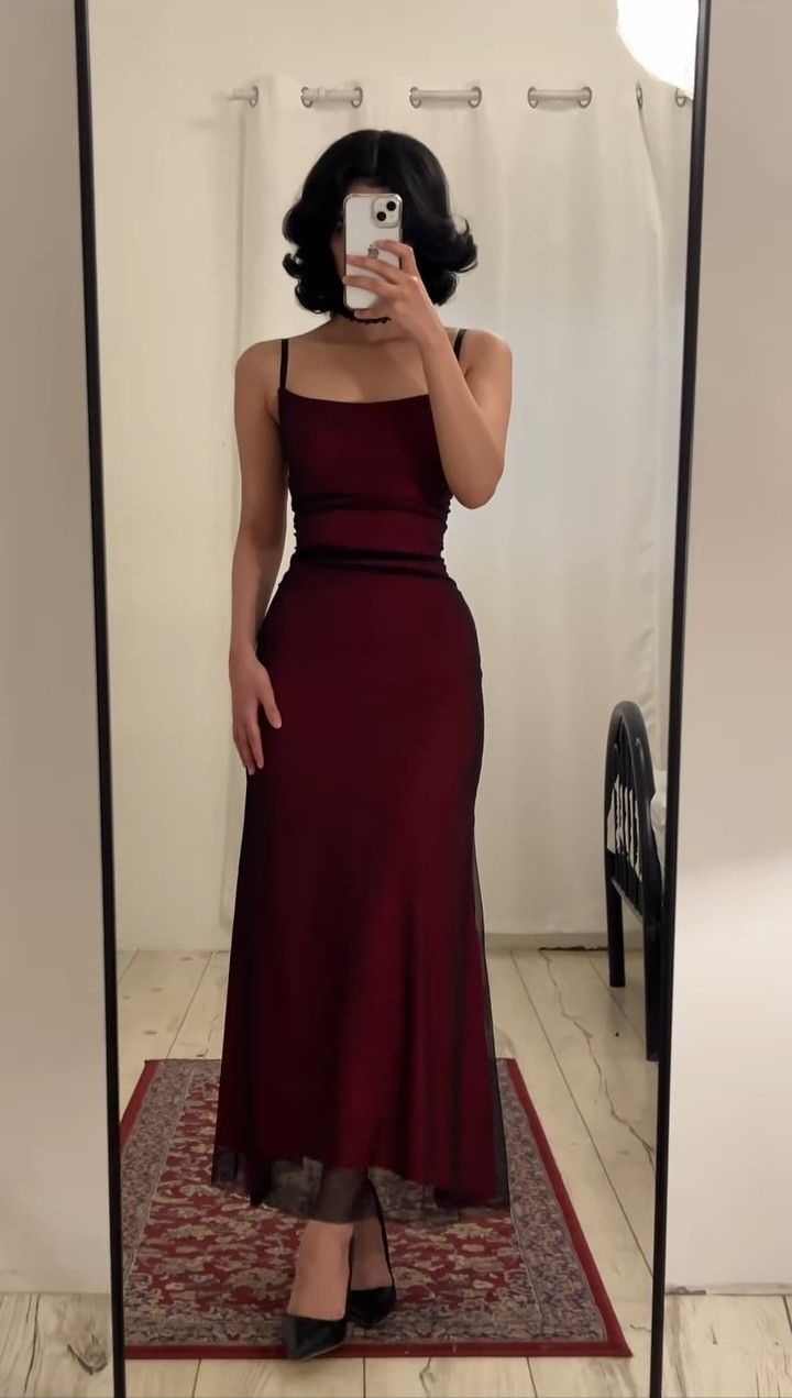 Simple Burgundy Mermaid Square Neck Halter Tulle Long Prom Dress Evening Dress