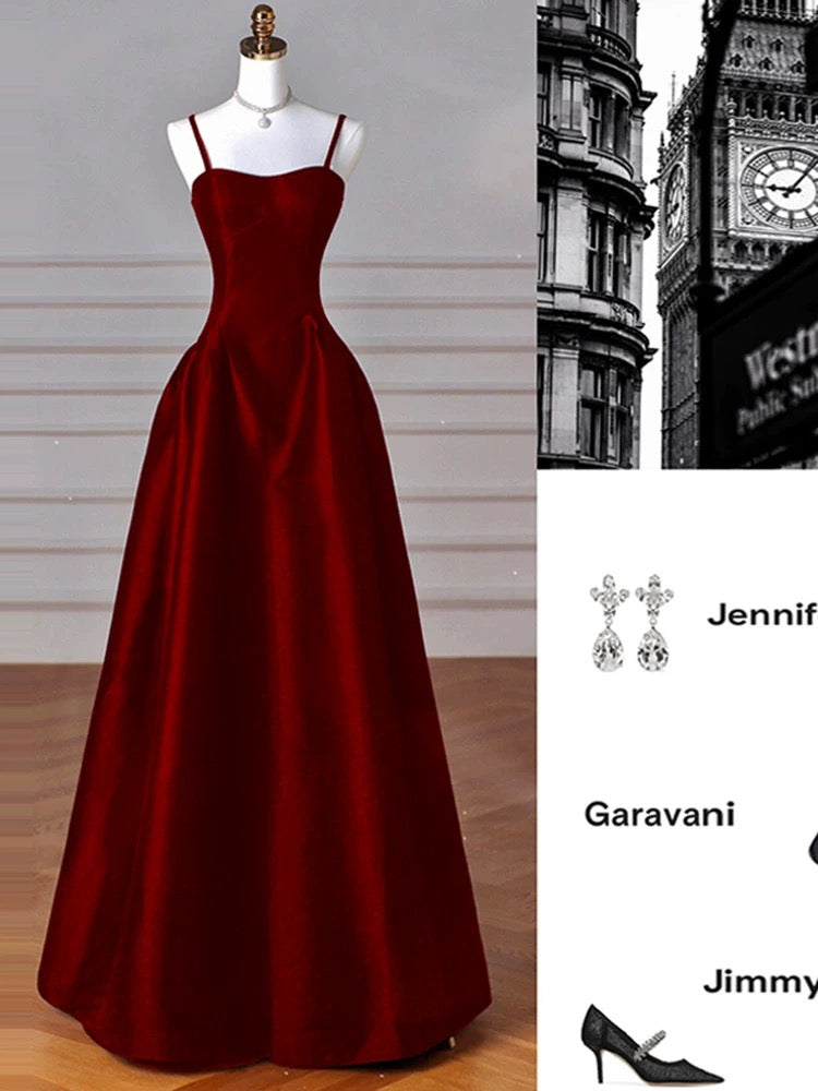 Sexy Wine Red A-Line Straps Satin Long Burgundy Prom Dresses