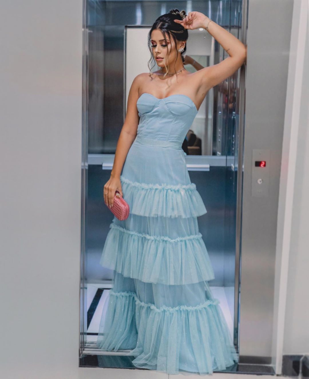 Elegant Light Blue A-line Multi-layer Cake Ruffled Glitter Tulle Long Prom Dress Evening Dress 20th Birthday Dress