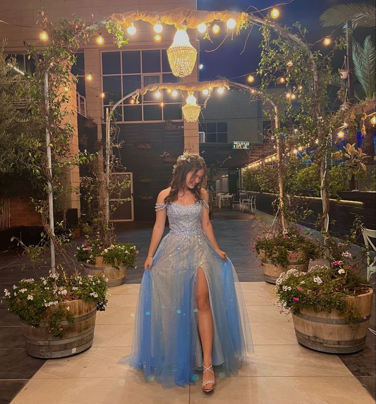 Princess Light Blue A-line Off-shoulder Tulle Long Prom Dress Evening Dress