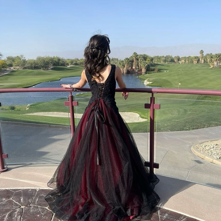 Retro Red And Black A-line Deep V-neck Tulle Long Prom Dress Evening Dress