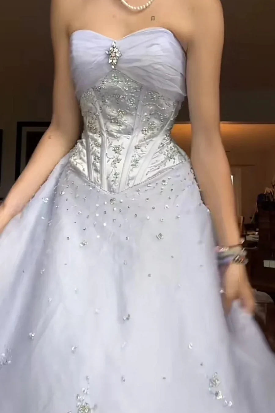 Princess Light Purple Strapless Beaded Tulle Long Ball Gown Evening Dress