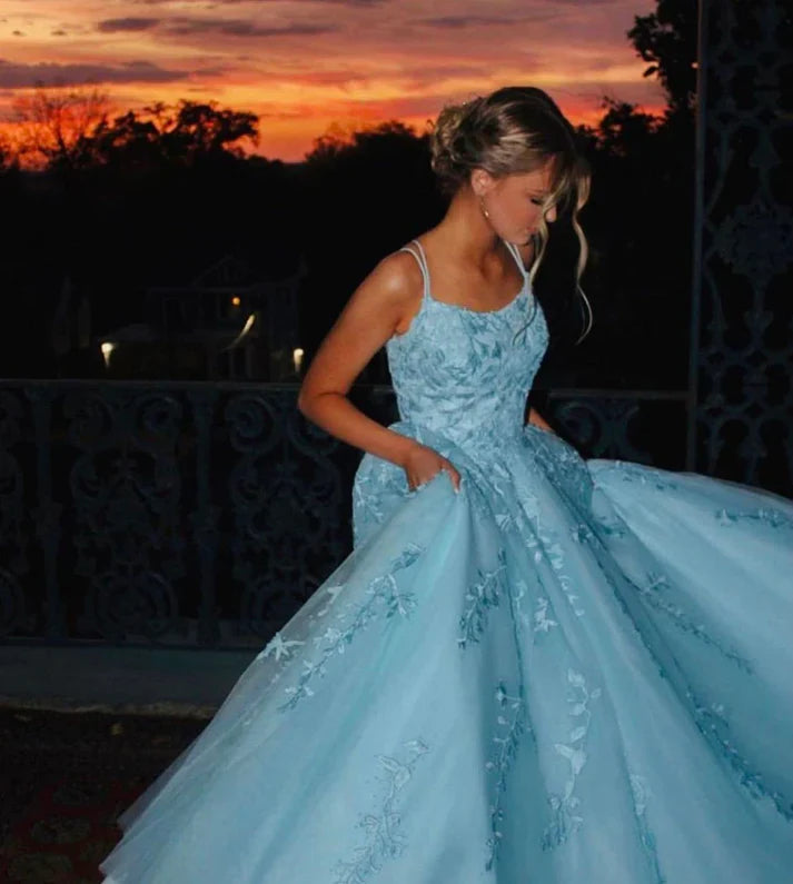 Princess Blue Strappy Embroidered Tulle Ball Gown Evening Dress