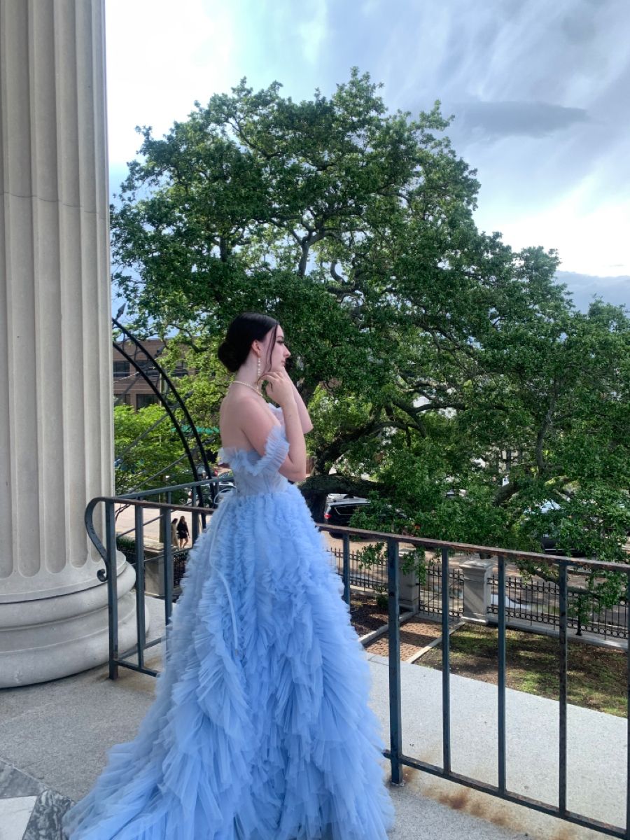 Fantasy Princess Light Blue Off-shoulder Layered Tulle Ball Gown Evening Dress