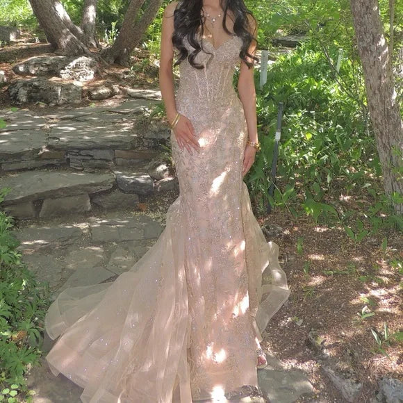 Elegant Champagne Mermaid V-neck Sequin Embroidered Slit Prom Dress Evening Dress