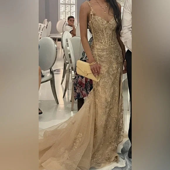 Elegant Champagne Mermaid V-neck Sequin Embroidered Slit Prom Dress Evening Dress