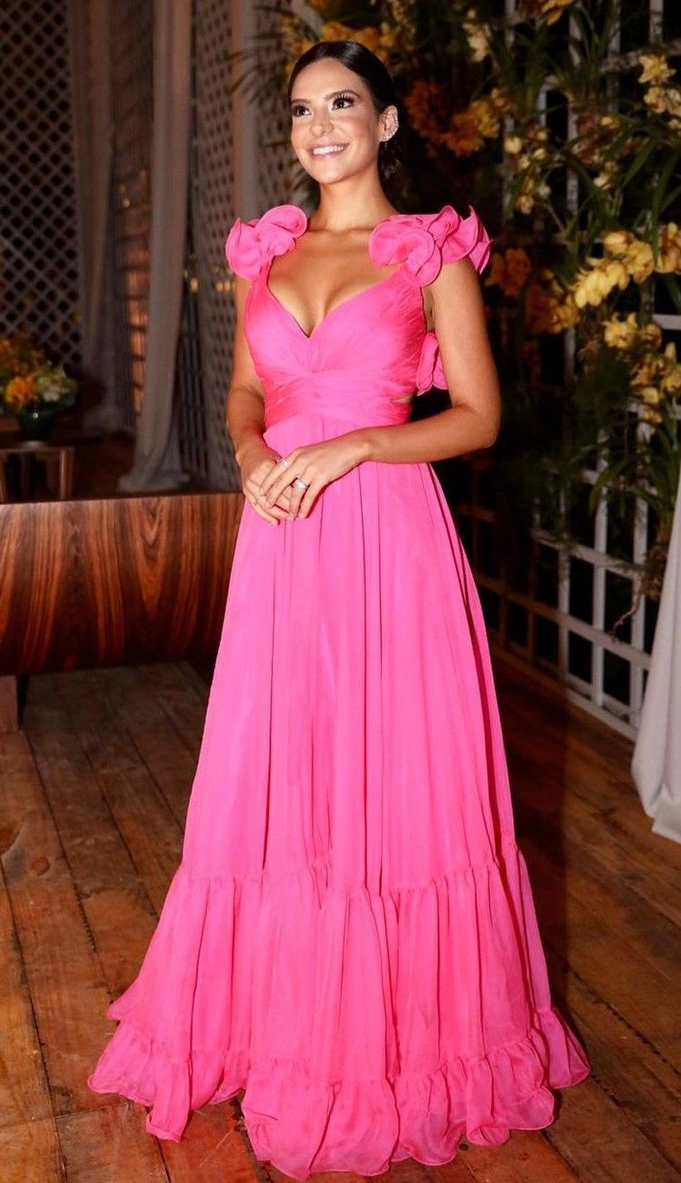 Gorgeous Hot Pink A-line Deep V-neck 3D Flower Back Strap Chiffon Long Prom Dress Evening Dress