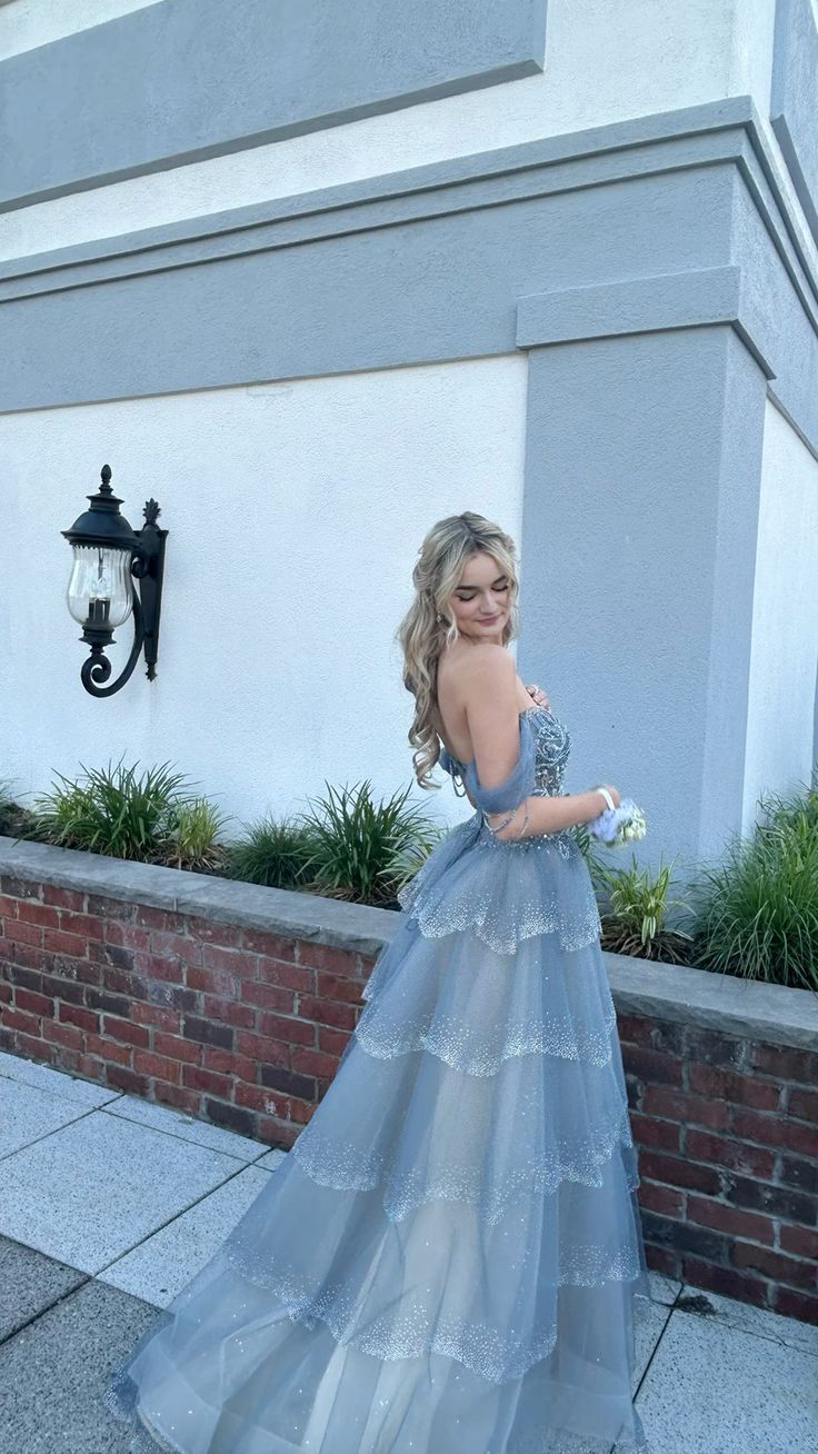 Princess Blue Off-shoulder Layered Tulle Long Ball Gown Evening Dress