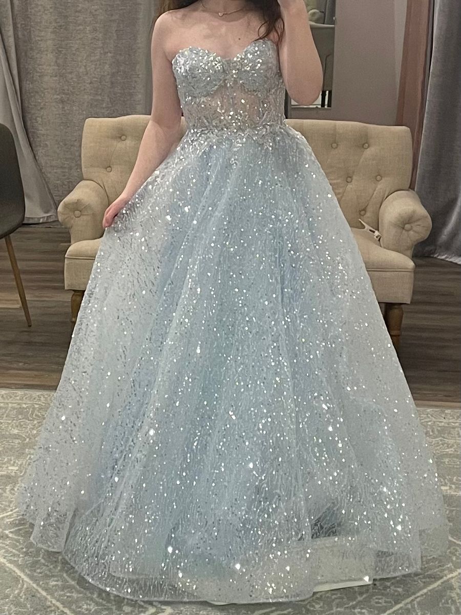 Shining Princess Light Blue Strapless Sequin Long Ball Gown Evening Dress