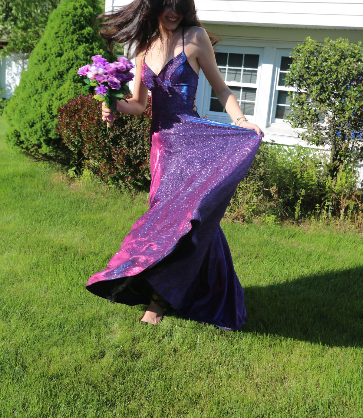 Fluorescent Purple And Pink Gradient A-line Deep V Strap Sequin Long Prom Dress Evening Dress