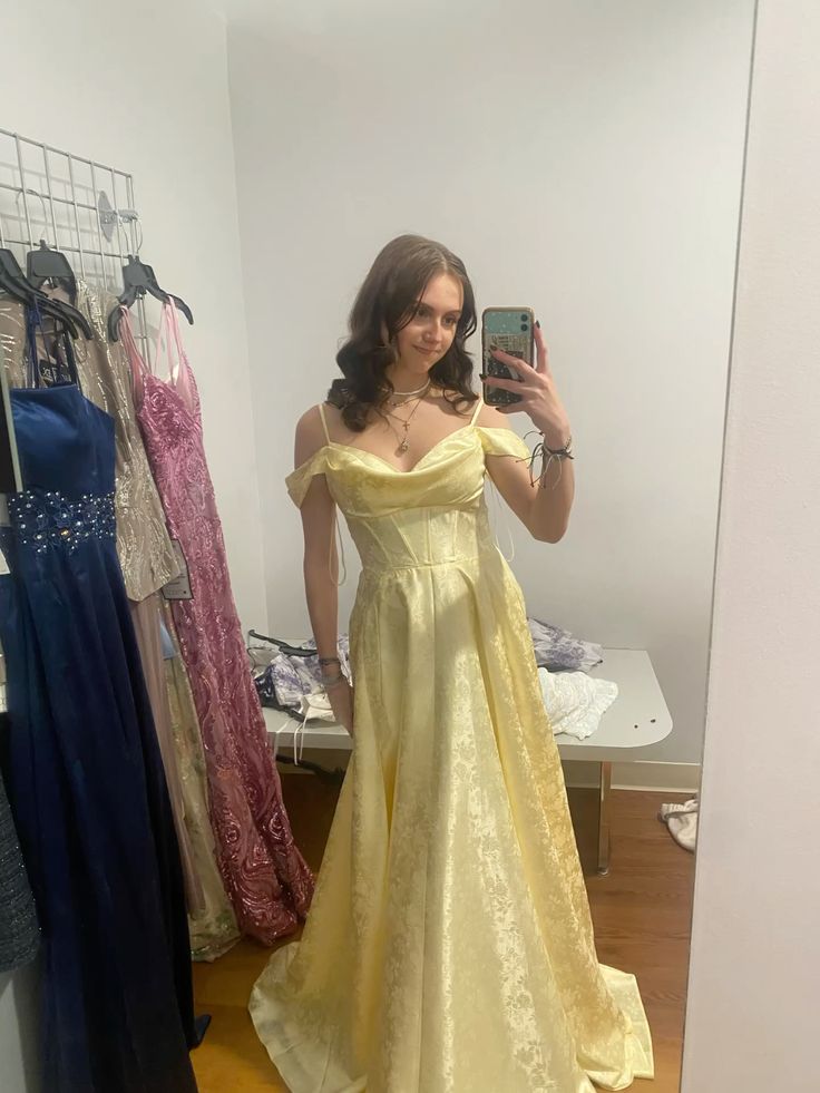 Elegant Pale Yellow A-line Off-shoulder Slit Embroidered Satin Long Evening Dress