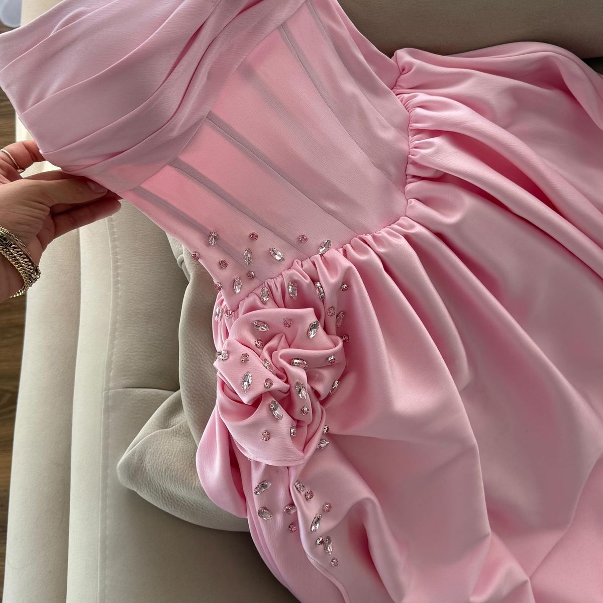 Sweet Pink A-line High Slit Strapless Satin Long Prom Dress Evening Dress