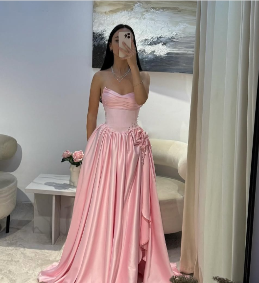 Sweet Pink A-line High Slit Strapless Satin Long Prom Dress Evening Dress