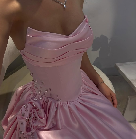 Sweet Pink A-line High Slit Strapless Satin Long Prom Dress Evening Dress