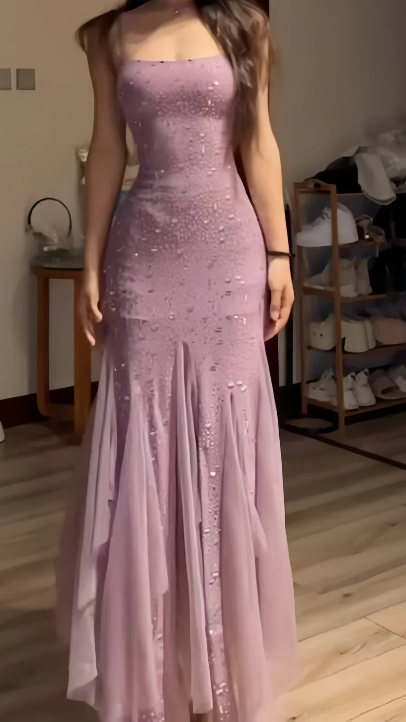 Elegant Purple Mermaid Off-shoulder Strap Sequin Chiffon Long Prom Dress Evening Dress
