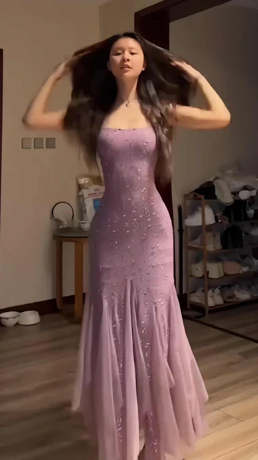 Elegant Purple Mermaid Off-shoulder Strap Sequin Chiffon Long Prom Dress Evening Dress